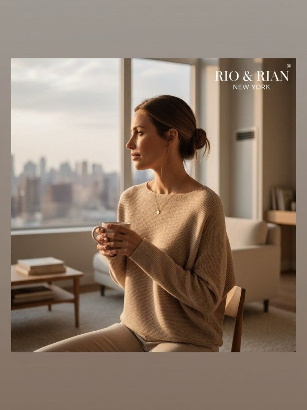 Rio & Rian Beige Boatneck Ribbed Knit Sweater Quiet Luxury, Minimalist, Capsule
